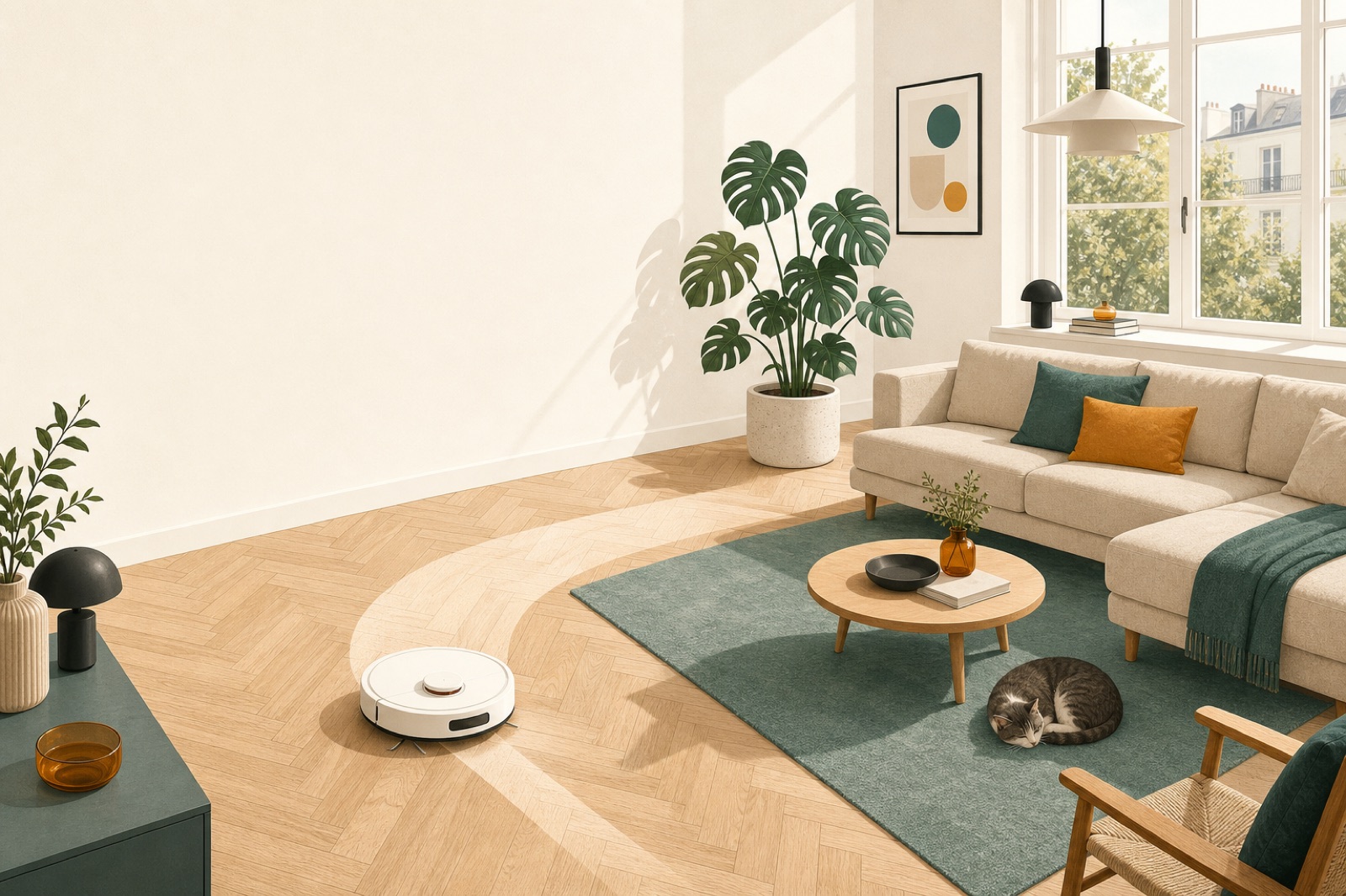 Robotdammsugare som städar ett ljust skandinaviskt vardagsrum med en sovande katt